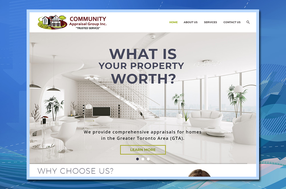 Community Appraisal Group, Home Page, real estate appraiser, WordPress website, website development, website design