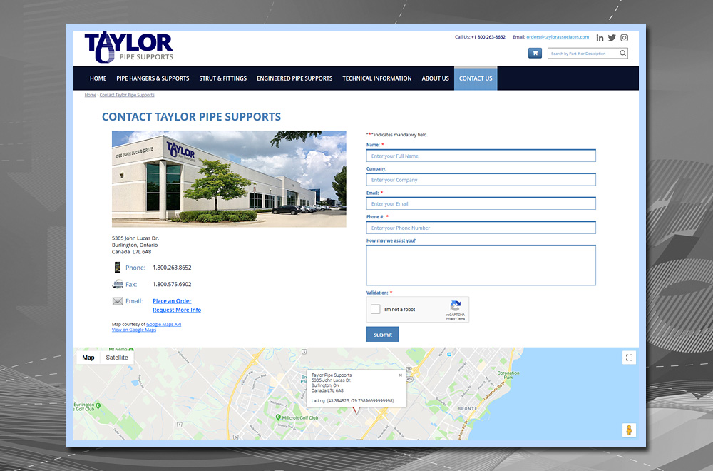 Taylor Pipe Supports Contact Us with Inquiry Form and Google Map