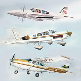 Hand-painted planes of the three initial Platinum sponsors by Stella Jurgen of 17 Designs on the Tillsonburg Regional Airport mural.