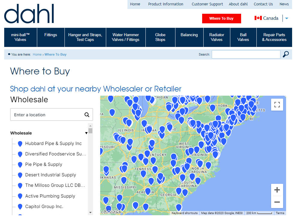 Dahl Valve Wholesale Map